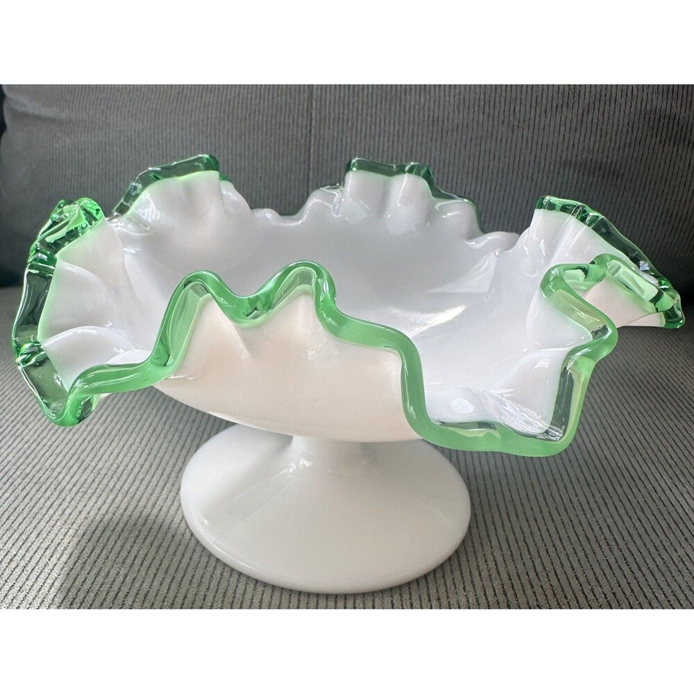 Fenton Emerald Crest Milk Glass Round Footed Compote Ruffled Crimped Green Edge